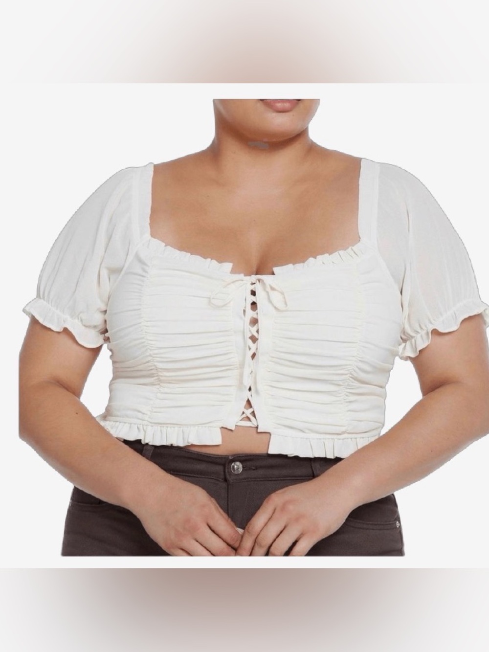 Ruched Square-Neck Crop Top in Cream
